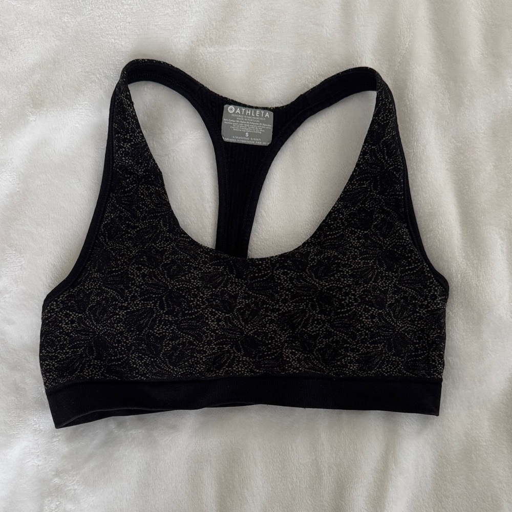 Athleta Black and Gold Patterned Sports Bra